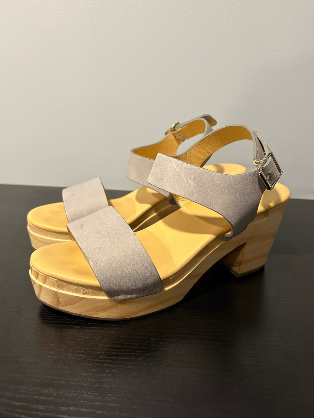 Nisolo Gray Leather Platform Wooden Clog Sandals Ankle Strap Womens 8